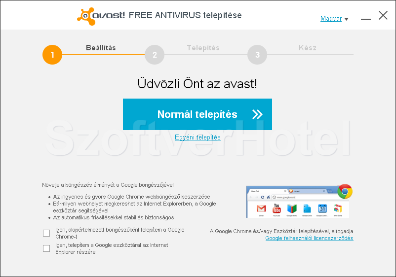 Avast Free Antivirus telepítés, 1. lépés