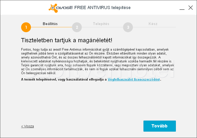Avast Free Antivirus telepítés, 2. lépés