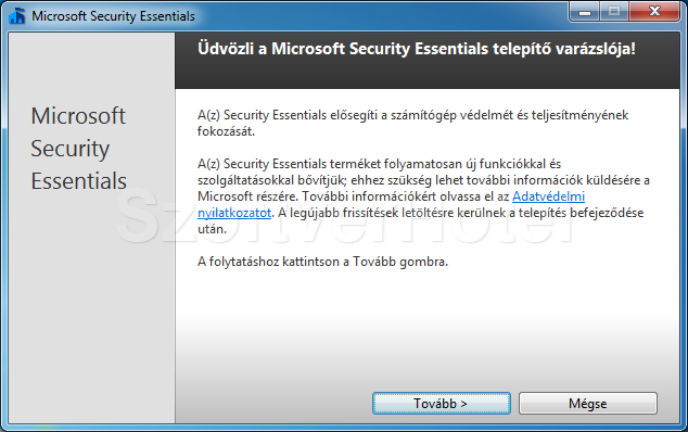 Microsoft Security Essentials telepítés, 1. lépés